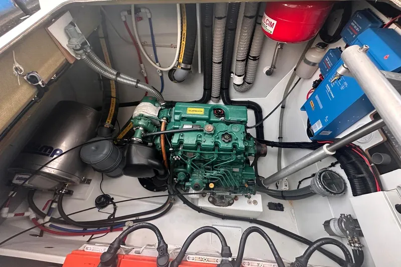  Yacht Photos Pics Engine room of 2020 Fountaine Pajot Saona 47 catamaran, featuring mechanical and electrical components.