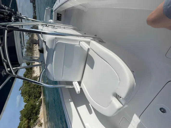 Reel Chaos Yacht Photos Pics 2022 Bahama 35 Open boat with white seating, docked near a scenic shoreline.
