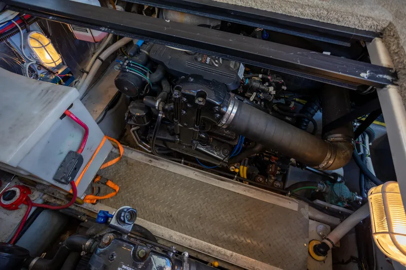 Seacougs Yacht Photos Pics Engine room of a 2008 Meridian 341 Sedan, showcasing mechanical components and wiring.