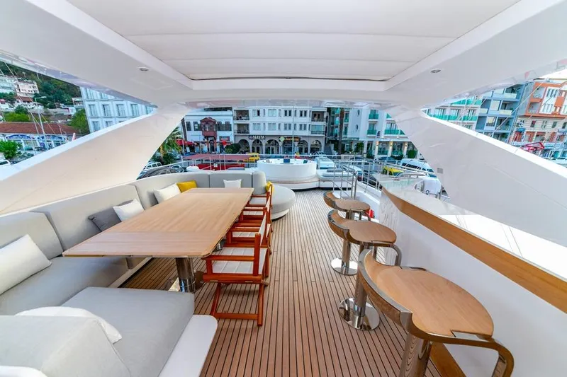 Nirvana By The Sea Yacht Photos Pics Luxurious 2019 Azimut Grande 27 METRI yacht deck with seating and bar area.