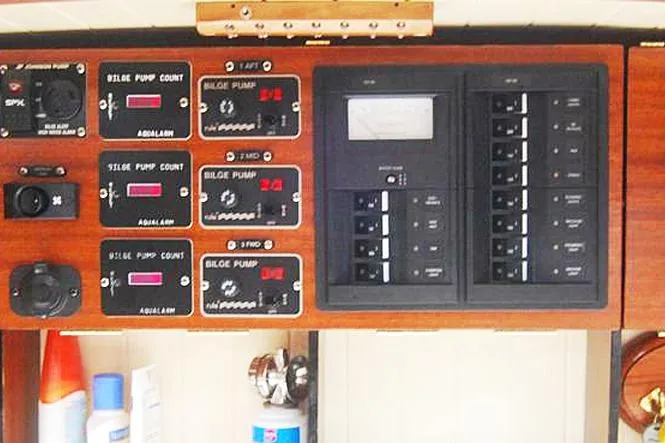 Jolie Brise Yacht Photos Pics Control panel of a 1985 Sam L. Morse Bristol Channel Cutter 28 sailboat.
