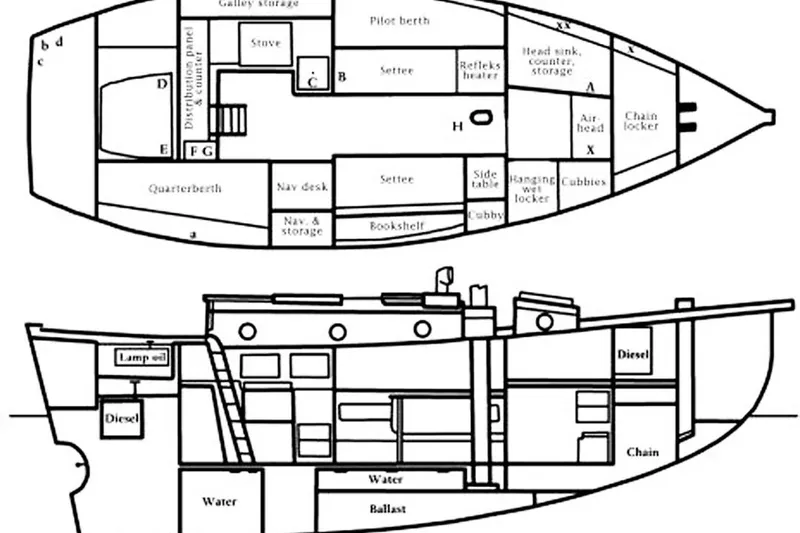 Jolie Brise Yacht Photos Pics Layout diagram of a 1985 Sam L. Morse Bristol Channel Cutter 28 sailboat.