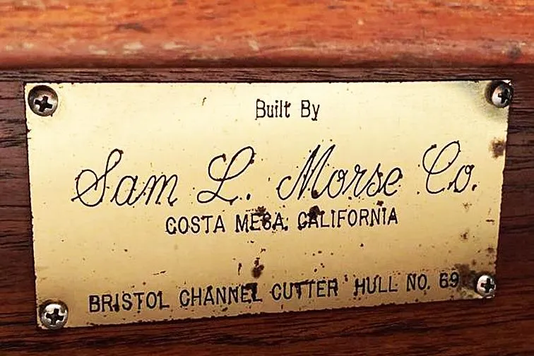 Jolie Brise Yacht Photos Pics Plaque on 1985 Sam L. Morse Bristol Channel Cutter 28, Costa Mesa, California.