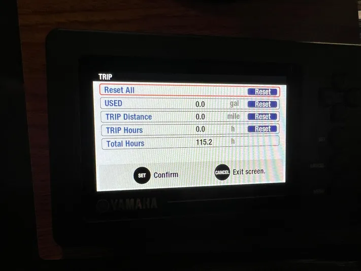 Regulus Yacht Photos Pics Yamaha trip display showing reset options and total hours for 2023 Ranger Tugs R-25.