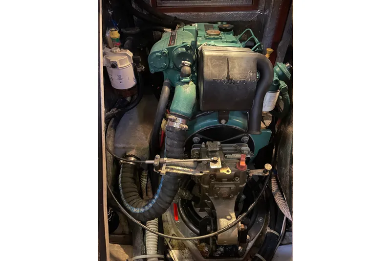 Rhyme Yacht Photos Pics Engine compartment of a 2007 Tartan 3400 sailboat, featuring a Volvo Penta engine.