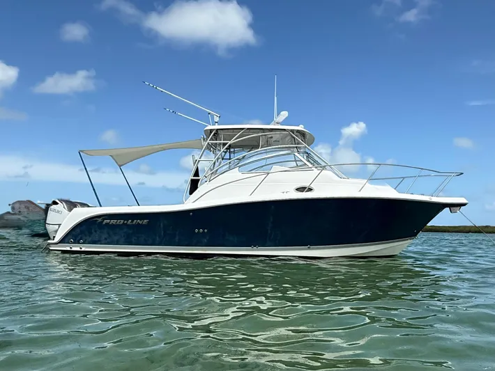 Sea Stress Yacht Photos Pics 2008 Pro-Line 32 Express boat on calm water under blue sky.