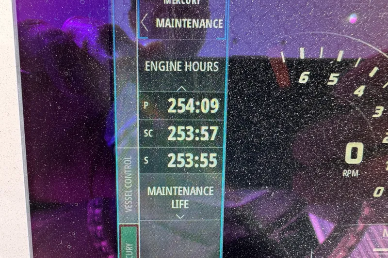  Yacht Photos Pics Display screen showing engine hours for 2019 Intrepid 407 Cuddy boat.
