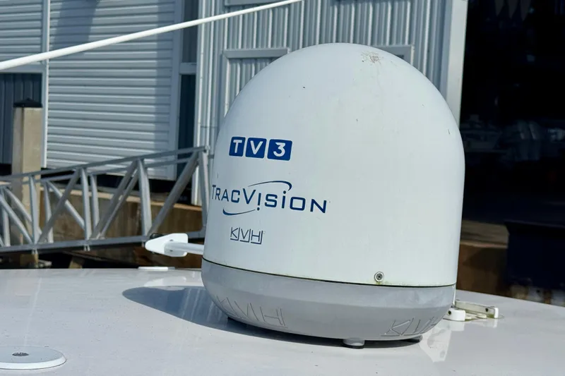  Yacht Photos Pics KVH TracVision TV3 satellite dome on 2019 Intrepid 407 Cuddy boat.