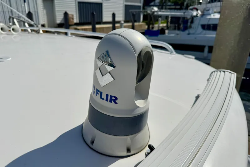  Yacht Photos Pics FLIR camera on 2019 Intrepid 407 Cuddy boat deck, docked at marina.