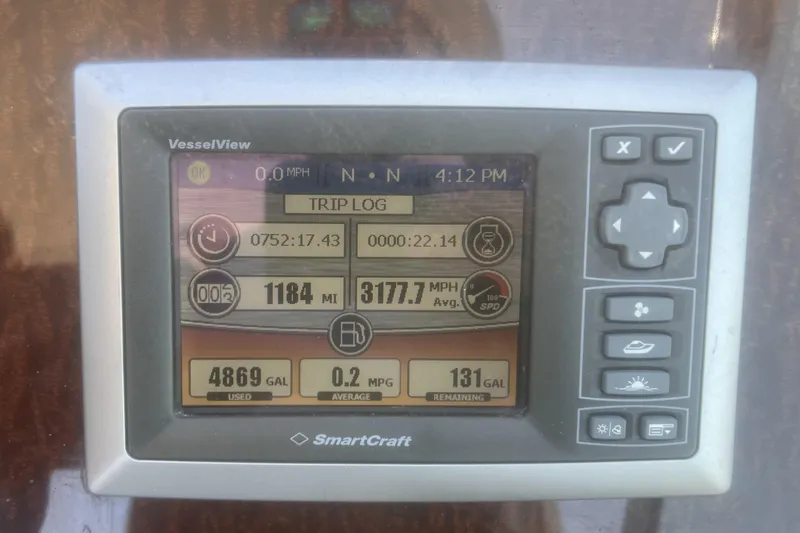No Woke Zone Yacht Photos Pics SmartCraft VesselView display on 2008 Sea Ray 310 Sundancer showing trip log and fuel data.