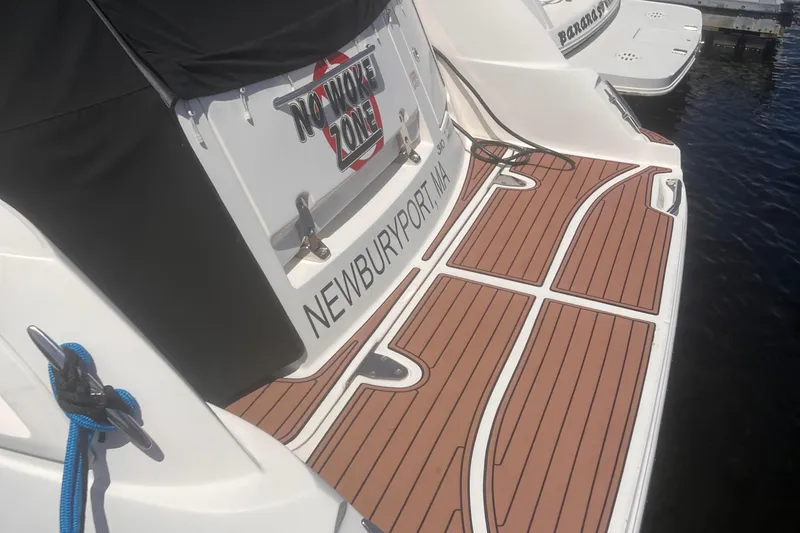 No Woke Zone Yacht Photos Pics 2008 Sea Ray 310 Sundancer boat with teak deck, docked in Newburyport, MA.