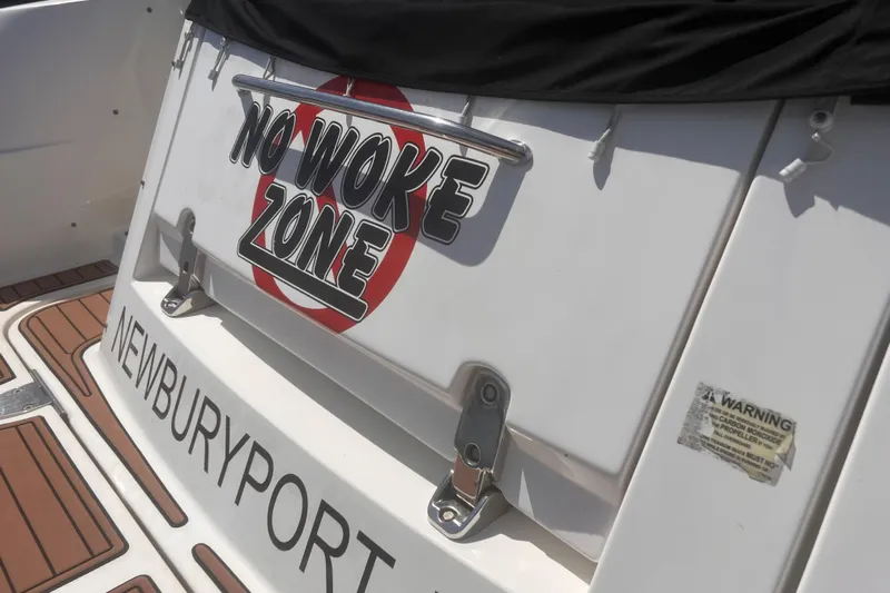 No Woke Zone Yacht Photos Pics 2008 Sea Ray 310 Sundancer boat with "No Woke Zone" sign, Newburyport location.