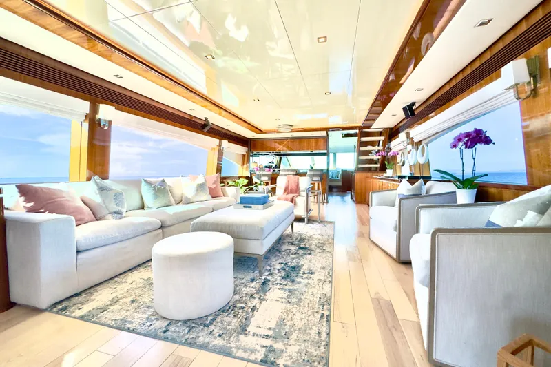Tortuga Yacht Photos Pics Luxurious interior of 2011 Horizon E88 yacht with elegant seating and ocean views.