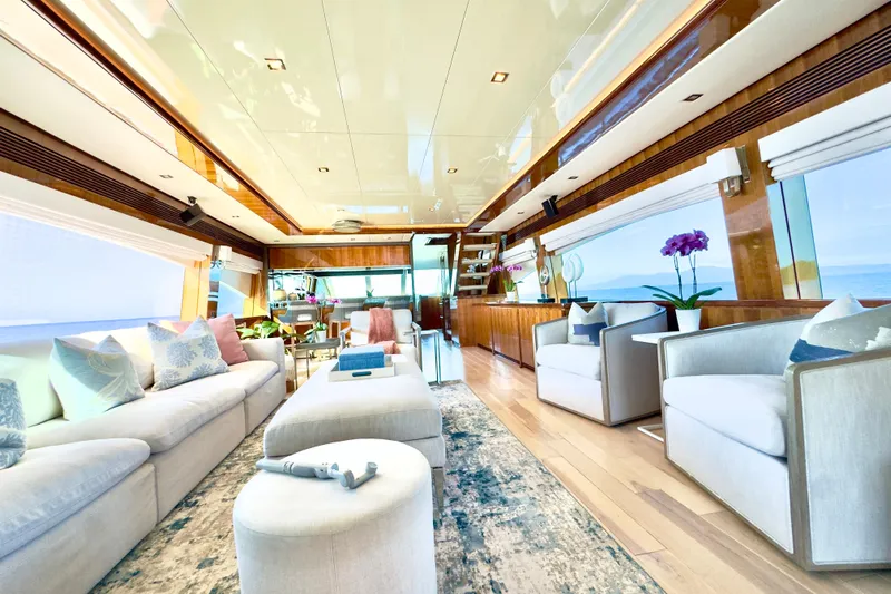 Tortuga Yacht Photos Pics Luxurious interior of 2011 Horizon E88 yacht with elegant seating and panoramic ocean views.