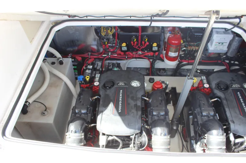  Yacht Photos Pics Engine compartment of 2014 Regal 32 Express with dual Volvo Penta engines and wiring.