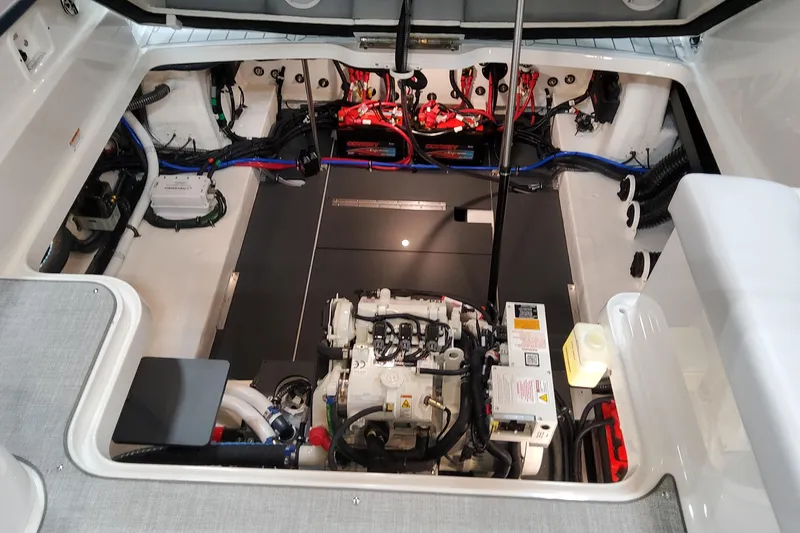  Yacht Photos Pics Engine compartment of 2026 Formula 330 Crossover Bowrider OB, showcasing advanced mechanical systems.