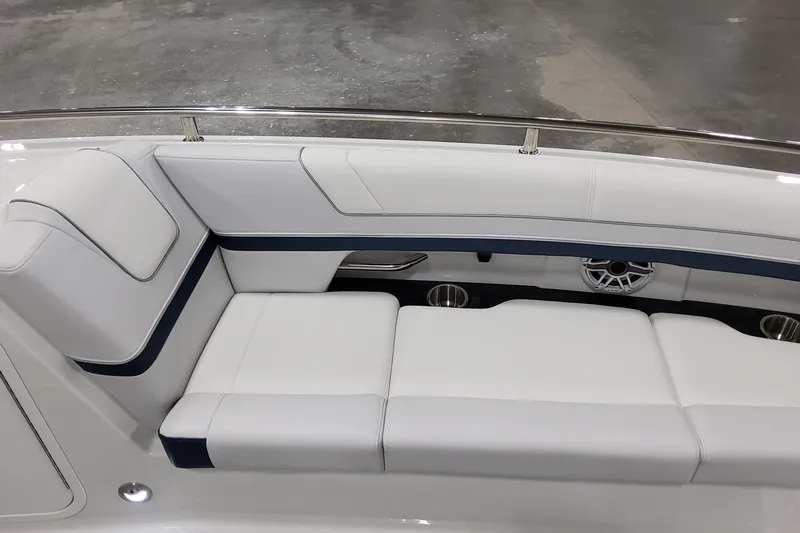  Yacht Photos Pics 2026 Formula 330 Crossover Bowrider OB interior with white seating and cup holders.