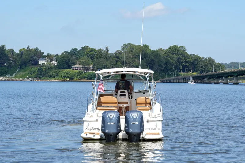  Yacht Photos Pics 2008 Scout 295 Abaco boat cruising on a scenic river near a bridge and lush greenery.