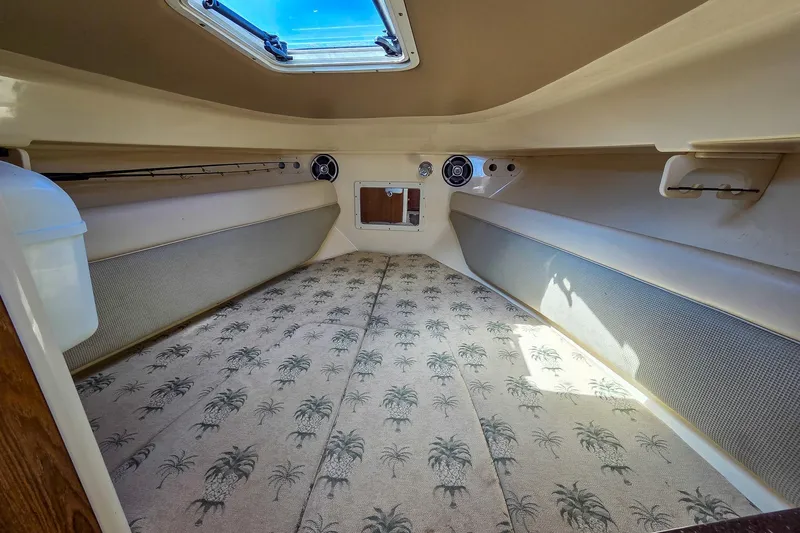  Yacht Photos Pics 2008 Scout 295 Abaco cabin interior with patterned flooring and overhead hatch.