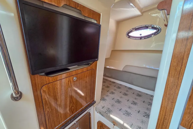  Yacht Photos Pics 2008 Scout 295 Abaco cabin interior with TV, wood paneling, and cozy sleeping area.