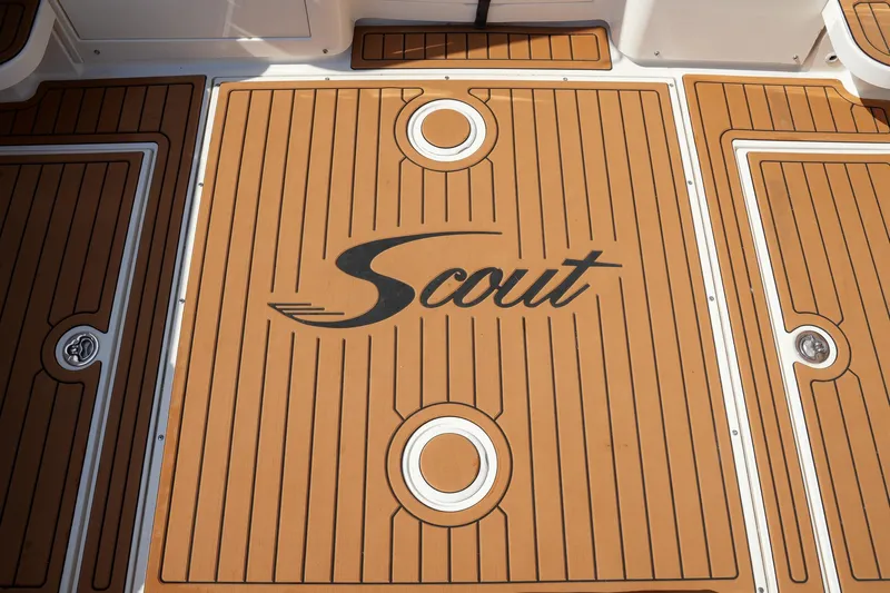  Yacht Photos Pics Deck of 2008 Scout 295 Abaco boat with logo and wood finish.