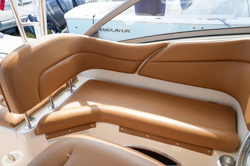  Yacht Photos Pics 2008 Scout 295 Abaco boat with tan leather seating and stainless steel fixtures.