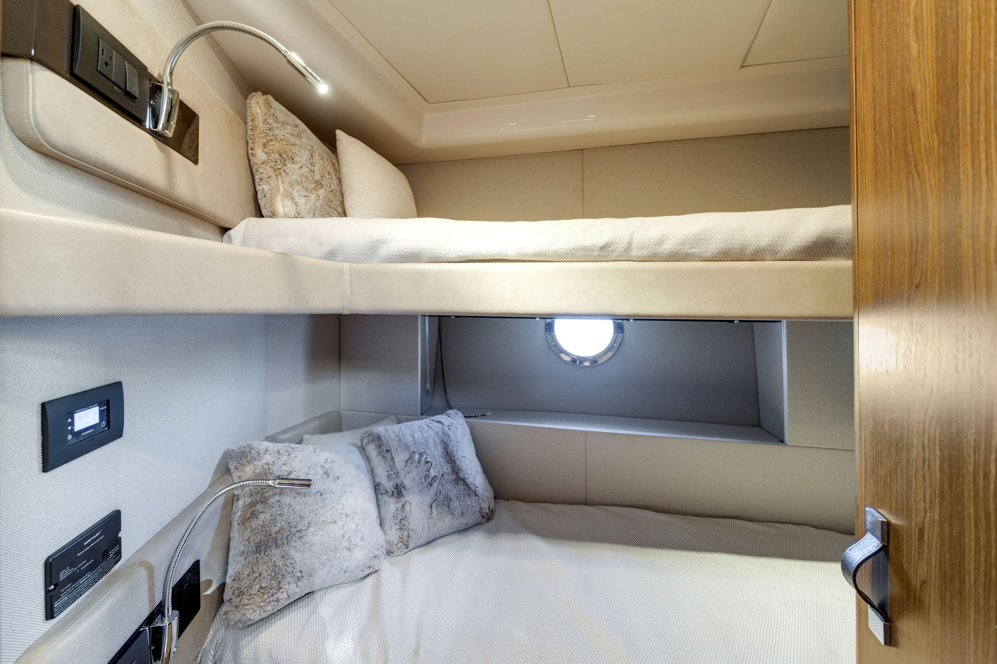 Our Trade Yacht Photos Pics Luxurious 2018 Azimut 50 Fly yacht cabin with cozy bunk beds and modern lighting.