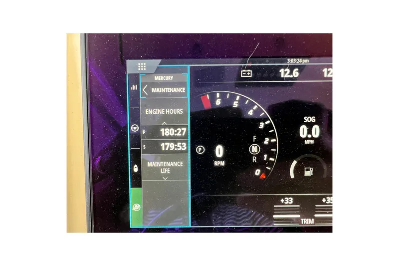 Yacht Photos Pics Dashboard display of a 2023 Scout 330 LXF showing engine hours and maintenance details.