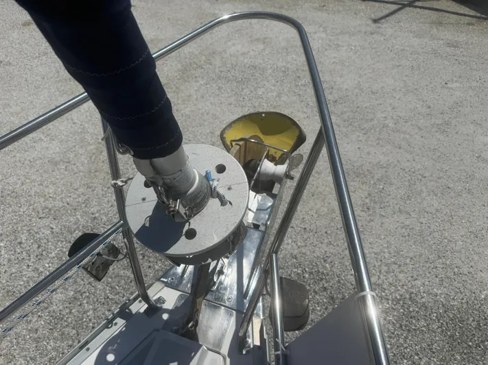 Shenanigans Yacht Photos Pics Bow of 2001 Catalina 400 MkII sailboat with anchor and railing.