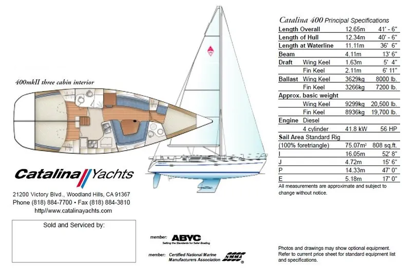 Shenanigans Yacht Photos Pics Catalina 400 MkII sailboat specifications and interior layout, featuring three cabins, 2001 model.