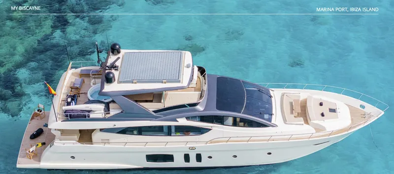 My Biscane Yacht Photos Pics Luxurious 2007 Astondoa A 76 GLX yacht in clear blue waters, Marina Port, Ibiza Island.