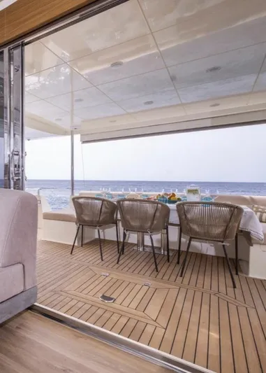 My Biscane Yacht Photos Pics Luxury yacht Astondoa A 76 GLX 2007, elegant deck dining area with ocean view.