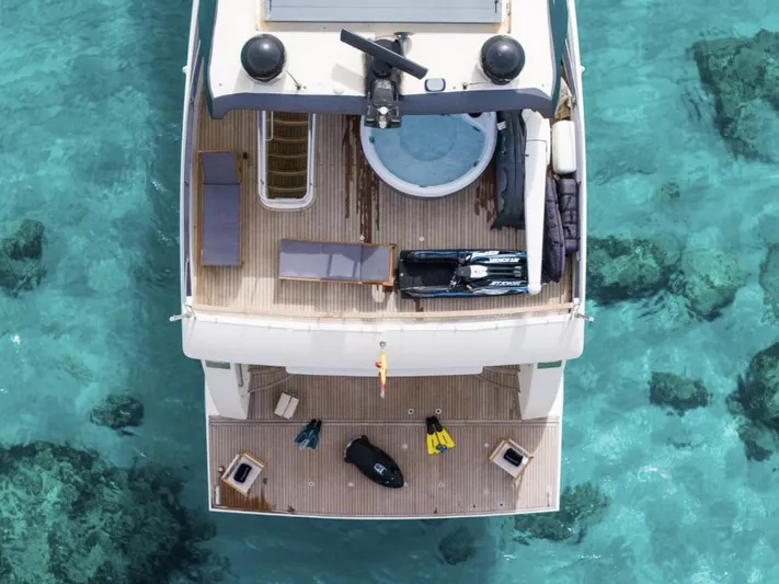 My Biscane Yacht Photos Pics Aerial view of 2007 Astondoa A 76 GLX yacht with deck and clear turquoise water.