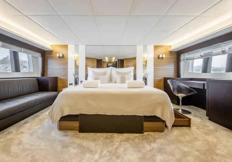 My Biscane Yacht Photos Pics Luxurious bedroom interior of 2007 Astondoa A 76 GLX yacht with modern furnishings.