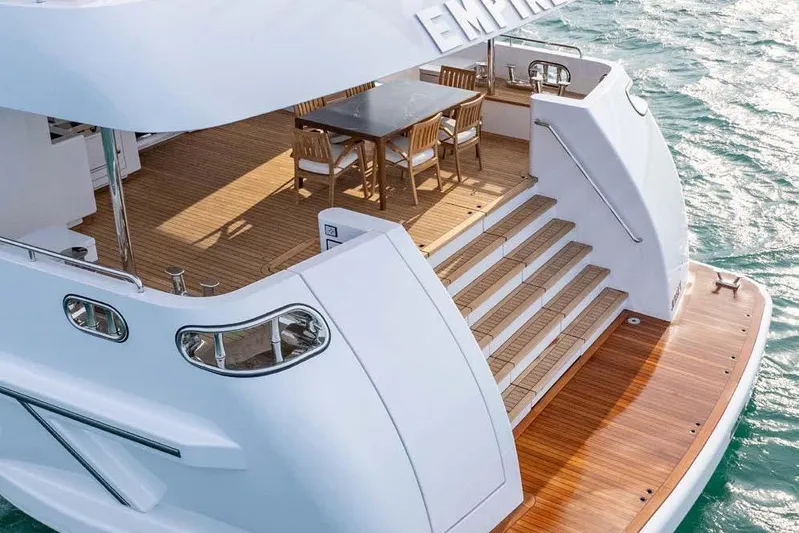 Empire Yacht Photos Pics Luxury yacht Cantiere Delle Marche Darwin 86, 2024 model, with elegant deck and seating area.