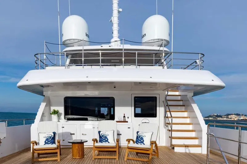 Empire Yacht Photos Pics Luxury yacht deck of 2024 Cantiere Delle Marche Darwin 86, featuring elegant seating.