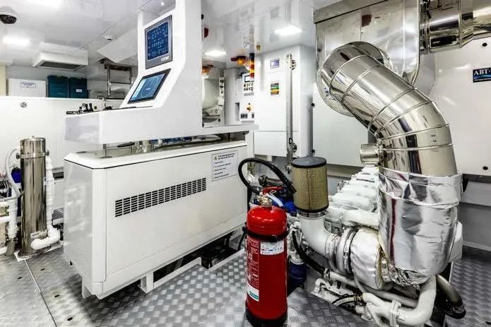 Empire Yacht Photos Pics Engine room of 2024 Cantiere Delle Marche Darwin 86 yacht, featuring advanced machinery and controls.
