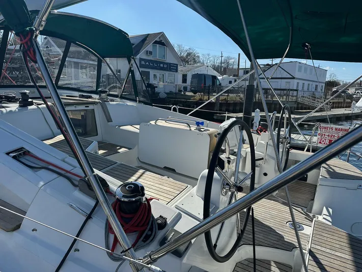 Life Line Yacht Photos Pics Cockpit of 2017 Jeanneau Sun Odyssey 44 DS sailboat with dual steering wheels.