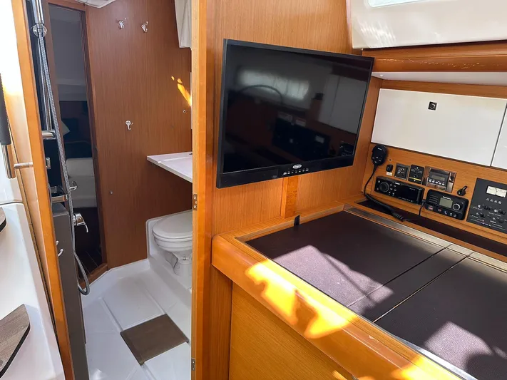 Life Line Yacht Photos Pics Interior of 2017 Jeanneau Sun Odyssey 44 DS yacht with TV and navigation equipment.