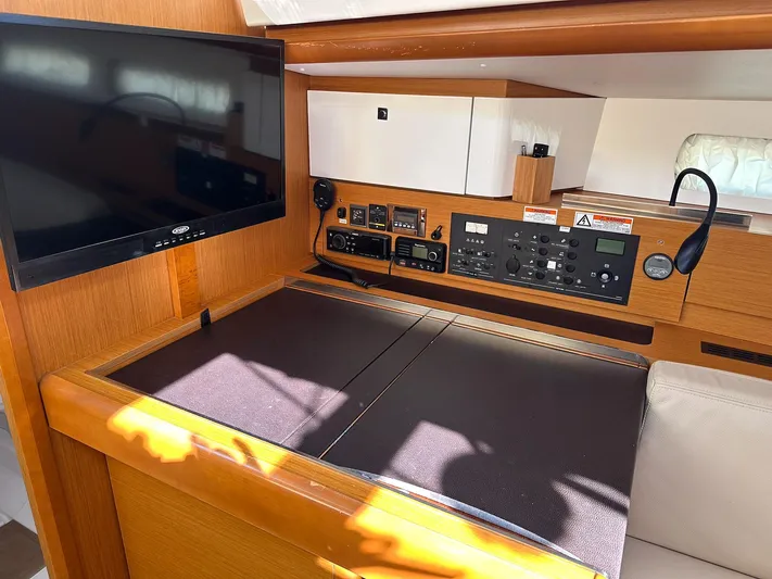 Life Line Yacht Photos Pics Interior of 2017 Jeanneau Sun Odyssey 44 DS yacht with control panel and TV.