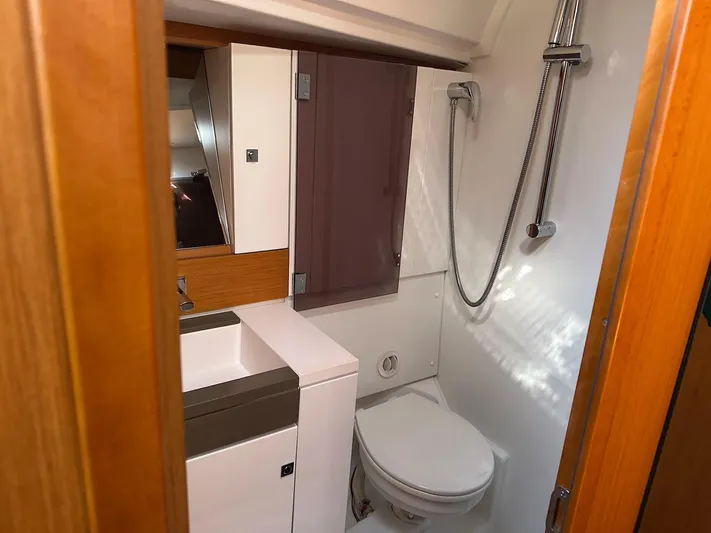 Life Line Yacht Photos Pics Bathroom interior of 2017 Jeanneau Sun Odyssey 44 DS yacht, featuring shower and sink.