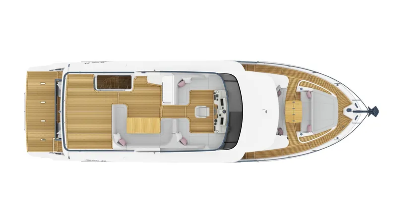  Yacht Photos Pics Top view of 2025 Absolute Navetta 53 yacht layout, showcasing spacious deck design.