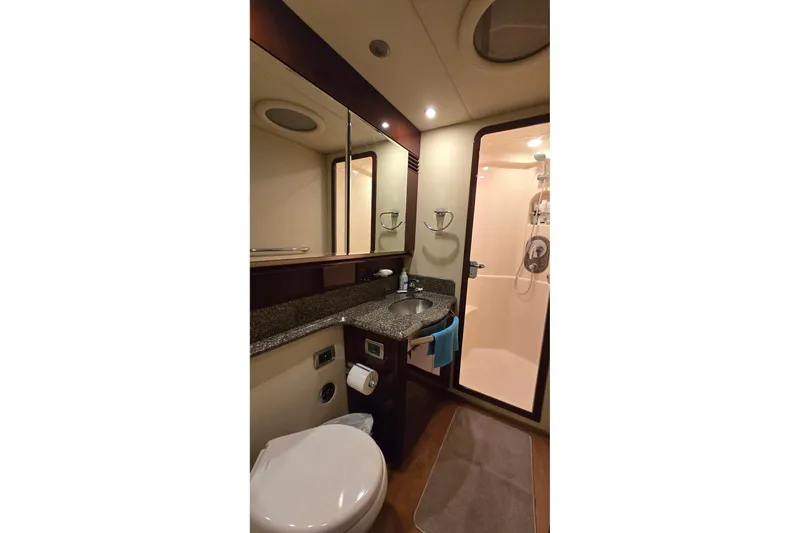  Yacht Photos Pics Luxurious bathroom in 2008 Sea Ray 58 Sedan Bridge yacht with modern amenities.