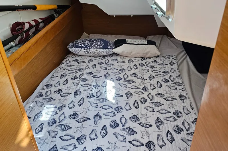 Tharos Yacht Photos Pics Cozy cabin interior of 2016 Jeanneau 379 sailboat with seashell-patterned bedding.