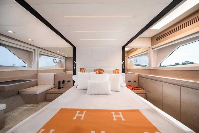 Juice Yacht Photos Pics Luxurious 2019 Filippetti S55 yacht bedroom with modern design and panoramic windows.