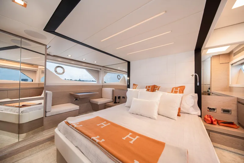 Juice Yacht Photos Pics Luxurious 2019 Filippetti S55 yacht bedroom with modern design and elegant decor.