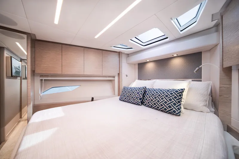 Juice Yacht Photos Pics Luxurious 2019 Filippetti S55 yacht bedroom with modern design and skylights.