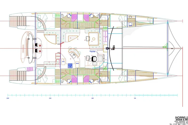 Gizmo Yacht Photos Pics Floor plan of 2012 Morrelli & Melvin 65 custom catamaran, showcasing interior layout and design.