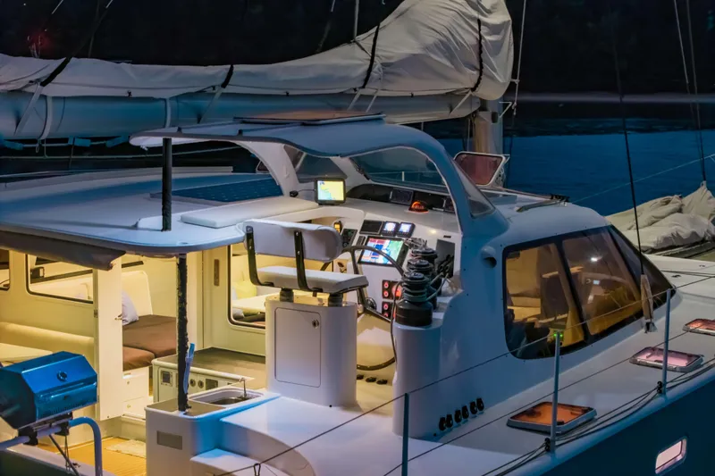 Gizmo Yacht Photos Pics Luxurious 2012 Morrelli & Melvin 65 custom yacht interior with illuminated cockpit at night.