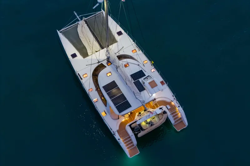 Gizmo Yacht Photos Pics Aerial view of 2012 Morrelli & Melvin 65 custom catamaran with solar panels.